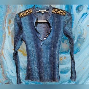 Bebe Sheer Long Sleeved Blue Blouse